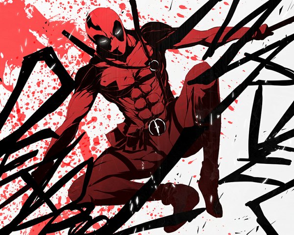 Anime picture 1024x819 with marvel comics deadpool pizaya single spread arms muscle boy weapon sword blood mask