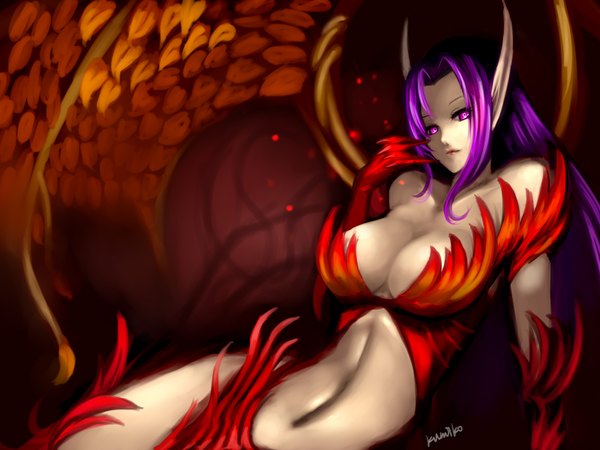 Anime picture 1600x1200 with league of legends morgana (league of legends) single long hair looking at viewer breasts light erotic large breasts purple eyes cleavage purple hair pointy ears girl navel