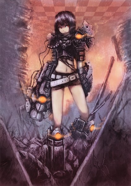 Anime picture 800x1131 with original blackball (artist) single tall image looking at viewer fringe short hair black hair red eyes bent knee (knees) bare belly glow ruins mechanical cyberpunk girl navel weapon shorts belt