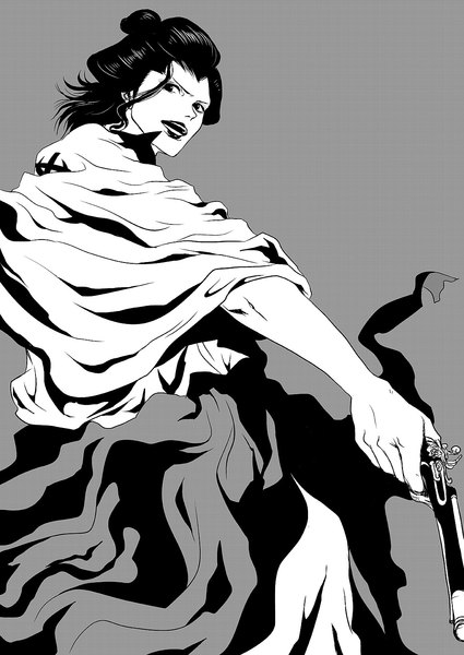 Anime picture 1032x1457 with one piece toei animation izou (one piece) tsuyomaru long hair tall image looking at viewer open mouth simple background japanese clothes grey background monochrome makeup boy gun