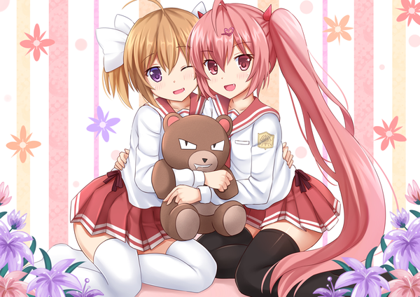 Anime picture 1697x1200 with hidan no aria kanzaki h aria mamiya akari kazenokaze long hair looking at viewer blush fringe short hair open mouth red eyes brown hair sitting purple eyes multiple girls holding pink hair ahoge bent knee (knees) head tilt