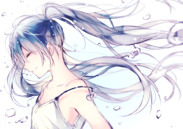 Anime picture 3508x2480 with vocaloid hatsune miku hanagata single long hair fringe highres simple background hair between eyes twintails bare shoulders blue hair absurdres upper body eyes closed head tilt profile wind strap slip girl