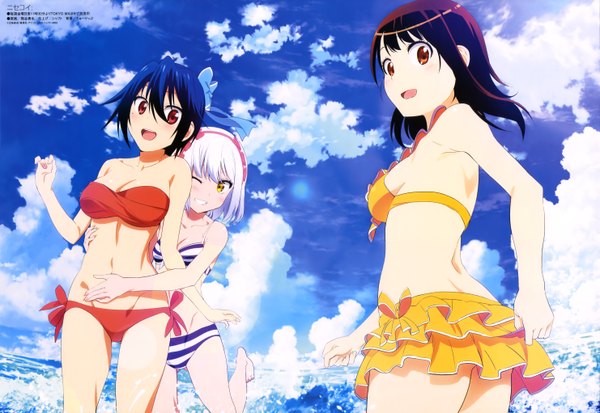 Anime picture 5924x4087 with nisekoi shaft (studio) onodera kosaki tsugumi seishirou paula mccoy kumatani yuya highres short hair light erotic smile red eyes brown hair multiple girls brown eyes yellow eyes blue hair absurdres sky cloud (clouds) white hair