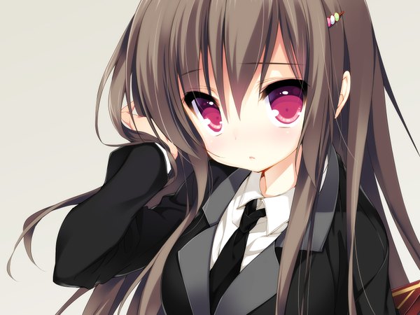 Anime picture 1600x1200 with original emily (pure dream) single long hair looking at viewer fringe simple background hair between eyes red eyes brown hair white background :o close-up hand on head girl necktie hairclip tuxedo