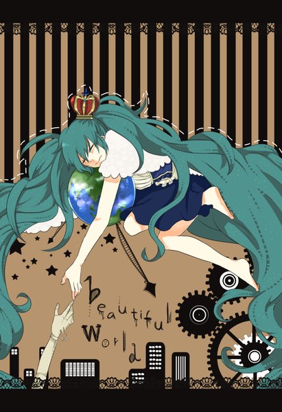 Anime picture 2466x3600 with vocaloid hatsune miku wataame (misaki525) long hair tall image highres eyes closed barefoot aqua hair outstretched arm letterboxed girl dress crown gears globe