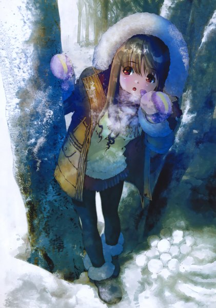 Anime picture 2210x3150 with original tagme (artist) single long hair tall image looking at viewer blush highres open mouth red eyes brown hair from above scan snowing winter snow exhalation cold girl plant (plants)