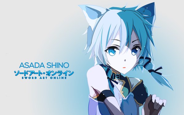 Anime picture 1920x1200 with sword art online a-1 pictures asada shino assassinwarrior tsukimori usako single looking at viewer highres short hair blue eyes simple background animal ears blue hair cat ears wallpaper copyright name character names vector girl ribbon (ribbons)