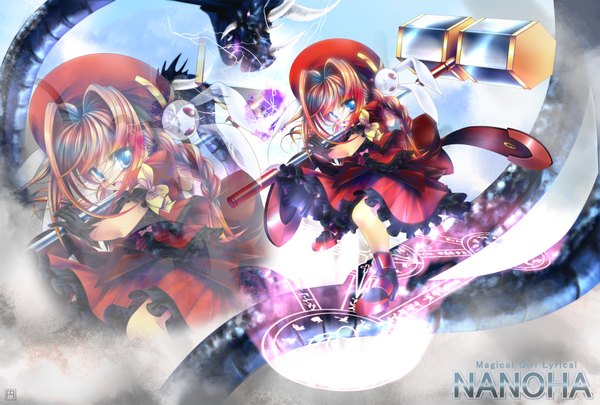 Anime picture 1783x1205 with mahou shoujo lyrical nanoha vita madoka (spec.0) single long hair blush highres blue eyes red hair braid (braids) magic zoom layer girl dress weapon hat magic circle