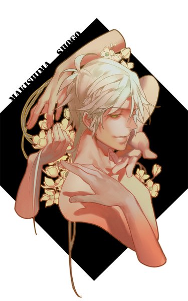 Anime picture 800x1279 with psycho-pass production i.g shougo makishima naked cat single long hair tall image simple background blonde hair white background green eyes inscription rhombus shirtless boy flower (flowers) hands