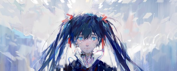 Anime picture 2480x1000 with vocaloid hatsune miku tang elen single long hair looking at viewer highres blue eyes wide image twintails blue hair tears crying girl wire (wires)