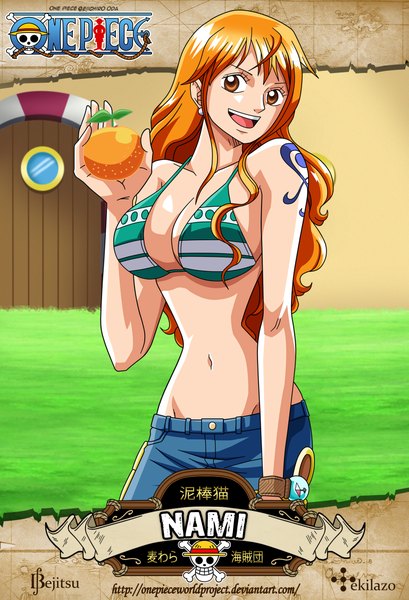 Anime picture 1537x2252 with one piece toei animation one piece world project nami (one piece) bejitsu tekilazo300 single long hair tall image breasts open mouth light erotic large breasts brown eyes looking away orange hair inscription bare belly tattoo character names