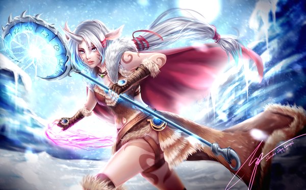 Anime picture 1024x635 with league of legends soraka (league of legends) monkeyyan single long hair looking at viewer wide image animal ears silver hair horn (horns) lips magic winter silver eyes girl gloves belt fingerless gloves fur thigh strap