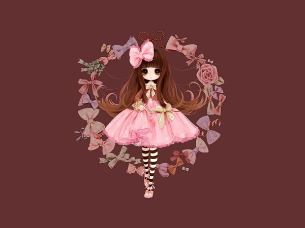 Anime picture 1000x750 with original kabasawa kina (artist) single long hair looking at viewer simple background brown hair brown eyes brown background girl thighhighs dress bow ribbon (ribbons) hair bow striped thighhighs