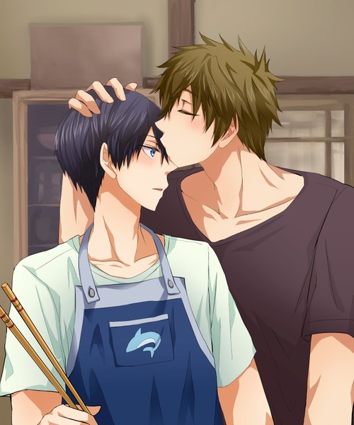 Anime picture 800x960 with free! kyoto animation nanase haruka (free!) tachibana makoto justamomen tall image blush short hair blue eyes black hair brown hair looking away eyes closed profile multiple boys embarrassed kiss shounen ai hand on another's head cooking