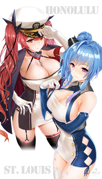Anime picture 1200x2094 with azur lane st. louis (azur lane) honolulu (azur lane) infinote long hair tall image fringe breasts light erotic hair between eyes red eyes large breasts twintails purple eyes bare shoulders multiple girls blue hair cleavage red hair from above