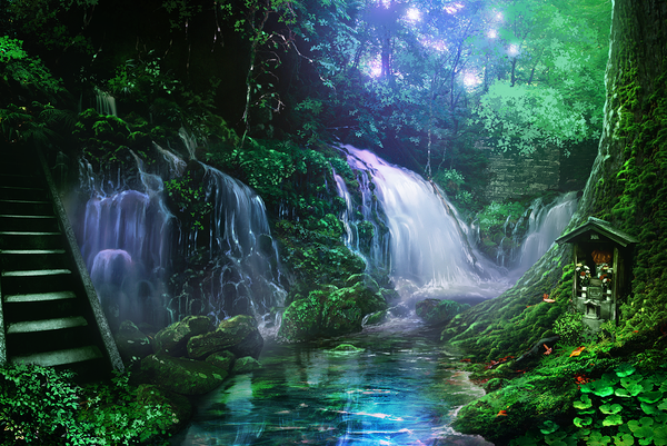 Anime picture 1148x768 with original monorisu reflection no people landscape scenic waterfall plant (plants) animal tree (trees) water bird (birds) pond