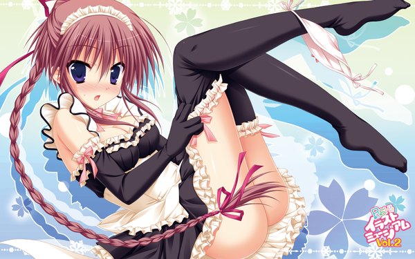 Anime picture 1920x1200 with hatsuyuki sakura kozakai aya toranosuke long hair blush highres open mouth light erotic brown hair wide image purple eyes braid (braids) maid twin braids panty pull girl thighhighs gloves black thighhighs elbow gloves