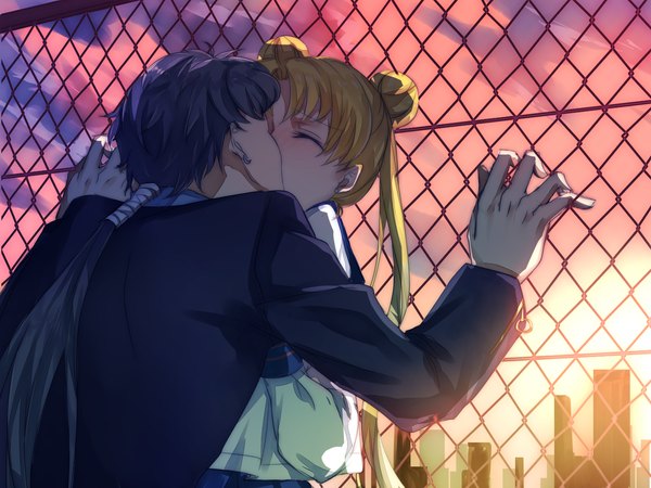 Anime picture 1400x1050 with bishoujo senshi sailor moon toei animation tsukino usagi seiya kou onoco long hair blush fringe blonde hair twintails blue hair hair bun (hair buns) evening sunset kiss girl boy earrings