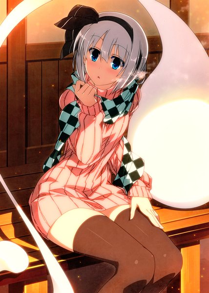 Anime picture 800x1120 with touhou konpaku youmu myon sazanami mio single tall image blush fringe short hair open mouth blue eyes sitting looking away silver hair from above :o ghost checkered scarf girl thighhighs