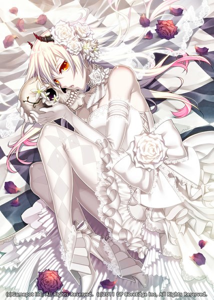 Anime picture 800x1122 with original miogrobin single tall image looking at viewer breasts bare shoulders holding lying hair flower horn (horns) inscription orange eyes high heels on side pale skin checkered floor checkered wedding girl
