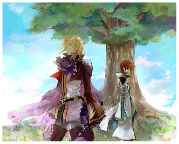 Anime picture 1245x1007 with tales of graces asbel lhant richard (tales) long hair short hair blonde hair red eyes brown hair brown eyes multiple boys boy flower (flowers) plant (plants) tree (trees) belt 2 boys suit