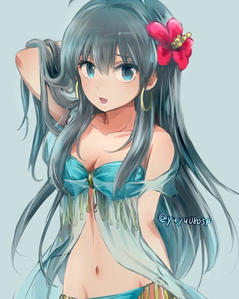 Anime picture 1280x1600 with idolmaster ganaha hibiki yoshiyoshi (yuyu0805p) single long hair tall image looking at viewer blush open mouth blue eyes bare shoulders signed hair flower grey hair bare belly midriff girl navel hair ornament underwear