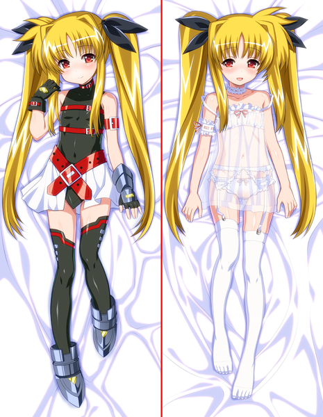 Anime picture 776x1000 with mahou shoujo lyrical nanoha fate testarossa okina sen long hair tall image blush open mouth light erotic blonde hair smile red eyes twintails full body lying midriff dakimakura (medium) dual persona girl thighhighs gloves