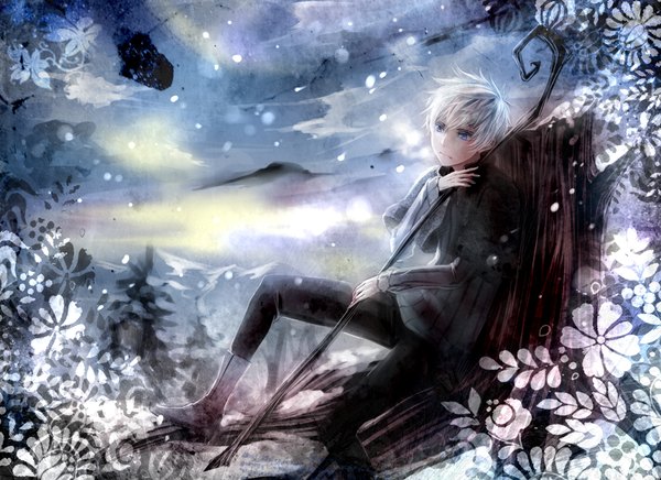 Anime picture 2200x1600 with rise of the guardians dreamworks jack frost (rise of the guardians) shumijin single highres short hair blue eyes sitting sky cloud (clouds) snowing winter snow mountain landscape boy flower (flowers) plant (plants) tree (trees)