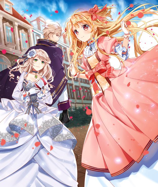 Anime picture 1012x1200 with murakami yuichi long hair tall image looking at viewer blush fringe short hair blonde hair smile hair between eyes red eyes standing multiple girls green eyes sky cleavage outdoors looking back hair flower light smile