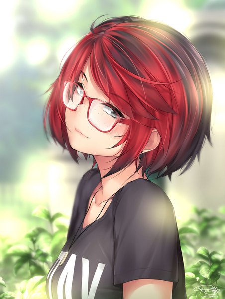 Anime picture 1753x2327 with original stayblack ashley rosemarry kopianget single tall image looking at viewer blush fringe highres short hair black hair smile signed upper body red hair head tilt multicolored hair black eyes blurry