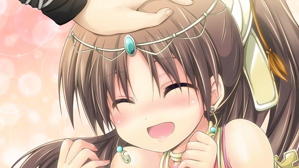 Anime picture 1280x720 with sangoku hime unicorn-a long hair blush open mouth brown hair wide image game cg ponytail eyes closed girl jewelry
