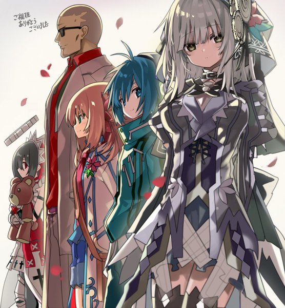 Anime picture 741x800 with clockwork planet ryuzu (clockwork planet) marie bell breguet anchor (clockwork planet) miura naoto halter (clockwork planet) shino (eefy) long hair tall image looking at viewer blush fringe short hair breasts blue eyes black hair simple background smile hair between eyes red eyes