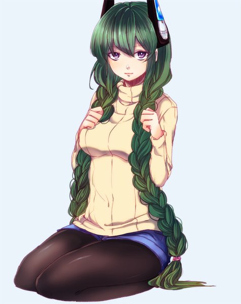 Anime picture 665x840 with original menou kaname shimako single long hair tall image looking at viewer fringe simple background sitting purple eyes bent knee (knees) braid (braids) green hair twin braids kneeling blue background seiza borrowed character girl
