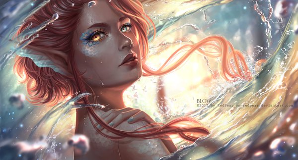 Anime picture 1300x700 with original redpear single long hair looking at viewer blue eyes wide image bare shoulders signed yellow eyes nail polish parted lips aqua eyes fingernails lips pointy ears orange hair realistic inscription depth of field