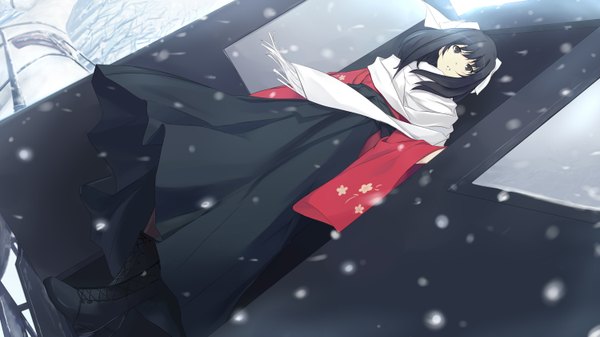Anime picture 3000x1687 with phantania single highres black hair wide image wind black eyes snowing winter snow girl boots scarf