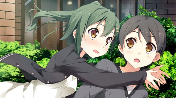 Anime picture 1920x1080 with your diary nagamine tomoki enomoto kaho kantoku blush highres short hair open mouth black hair wide image brown eyes game cg green hair couple one side up girl boy