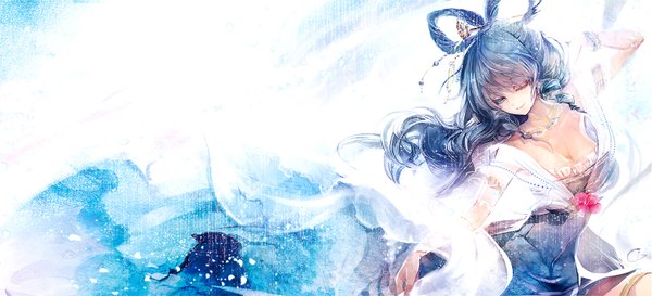 Anime picture 1564x712 with touhou kaku seiga cis (carcharias) single long hair breasts blue eyes smile wide image large breasts blue hair looking down girl dress