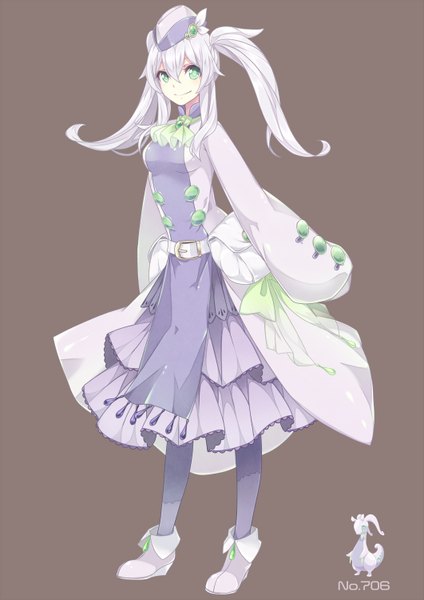 Anime picture 1061x1500 with pokemon nintendo goodra merlusa single long hair tall image looking at viewer fringe breasts simple background twintails silver hair long sleeves aqua eyes personification pokemon number gen 6 pokemon girl dress