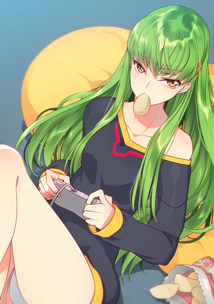 Anime picture 650x923 with code geass sunrise (studio) c.c. creayus single long hair tall image looking at viewer fringe breasts simple background bare shoulders holding yellow eyes cleavage bent knee (knees) indoors long sleeves green hair blurry