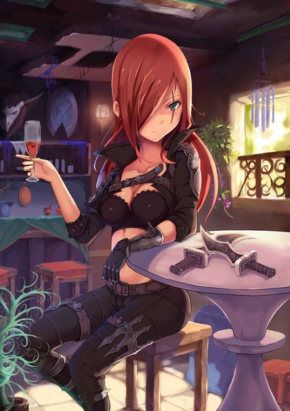 Anime picture 2480x3508 with league of legends katarina (league of legends) rafael-m single long hair tall image looking at viewer highres light erotic brown hair sitting holding green eyes indoors arm up light smile arm support scar jpeg artifacts crack