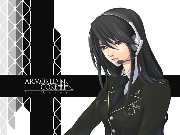 Anime picture 1024x768 with armored core kasumi sumika mameneko single long hair looking at viewer blush open mouth black hair lips black eyes inscription girl uniform necktie headphones military uniform microphone