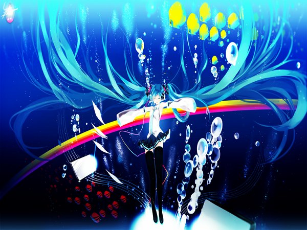Anime picture 1152x864 with vocaloid hatsune miku kaninnvven long hair twintails blue hair eyes closed very long hair spread arms underwater girl thighhighs headphones bubble (bubbles) fish (fishes) rainbow