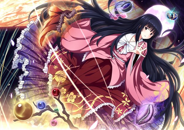 Anime picture 1500x1061 with touhou houraisan kaguya ugume single long hair blush fringe black hair brown eyes traditional clothes wide sleeves outstretched arm glowing girl dress plant (plants) water frills moon full moon