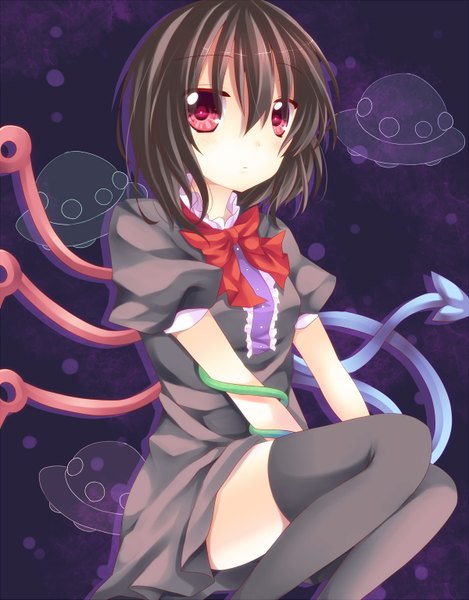 Anime picture 1200x1533 with touhou houjuu nue ikeda hazuki single tall image short hair black hair red eyes girl thighhighs black thighhighs wings bowtie snake spacecraft ufo flying saucer