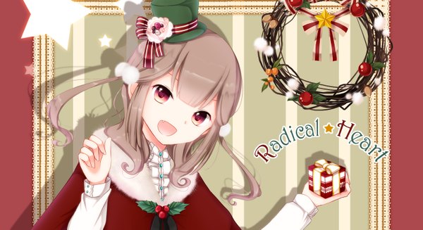 Anime picture 1378x753 with goma (11zihisin) single long hair open mouth red eyes brown hair wide image teeth fang (fangs) girl hat star (symbol) cape gift