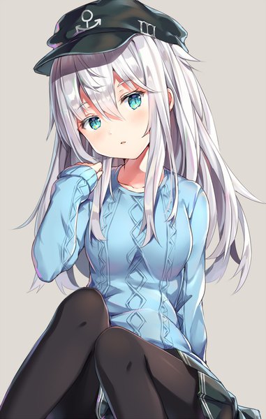 Anime picture 624x982 with kantai collection hibiki destroyer rin yuu single long hair tall image looking at viewer fringe breasts blue eyes simple background hair between eyes large breasts sitting silver hair head tilt grey background slit pupils girl skirt