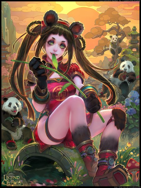 Anime picture 1000x1327 with legend of the cryptids yu-han single long hair tall image fringe green eyes animal ears bent knee (knees) green hair eyeshadow makeup girl animal boots panda