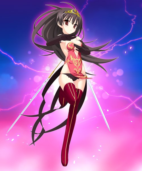 Anime picture 1024x1228 with twinkle crusaders twinkle crusaders -passion star stream- iincho (twinkle crusaders -passion star stream-) long hair tall image breasts light erotic black hair red eyes game cg girl dress gloves underwear panties weapon elbow gloves thigh boots tiara