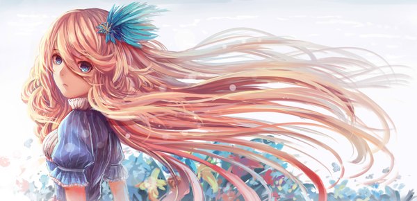 Anime picture 2100x1018 with original nio (jacky19921205) single long hair highres blue eyes blonde hair wide image white background looking back girl dress hair ornament flower (flowers) petals