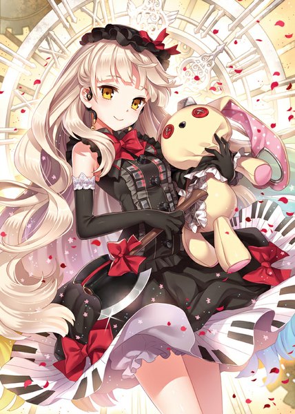 Anime picture 642x900 with vocaloid mayu (vocaloid) usano mimi nardack single long hair tall image looking at viewer blonde hair smile yellow eyes girl dress gloves bow weapon petals black gloves elbow gloves toy